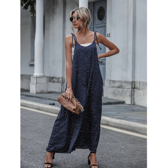 Tie Shoulder Polka Dot Navy Blue Wide Loose Fitting Jumpsuit - Picture 2 of 8